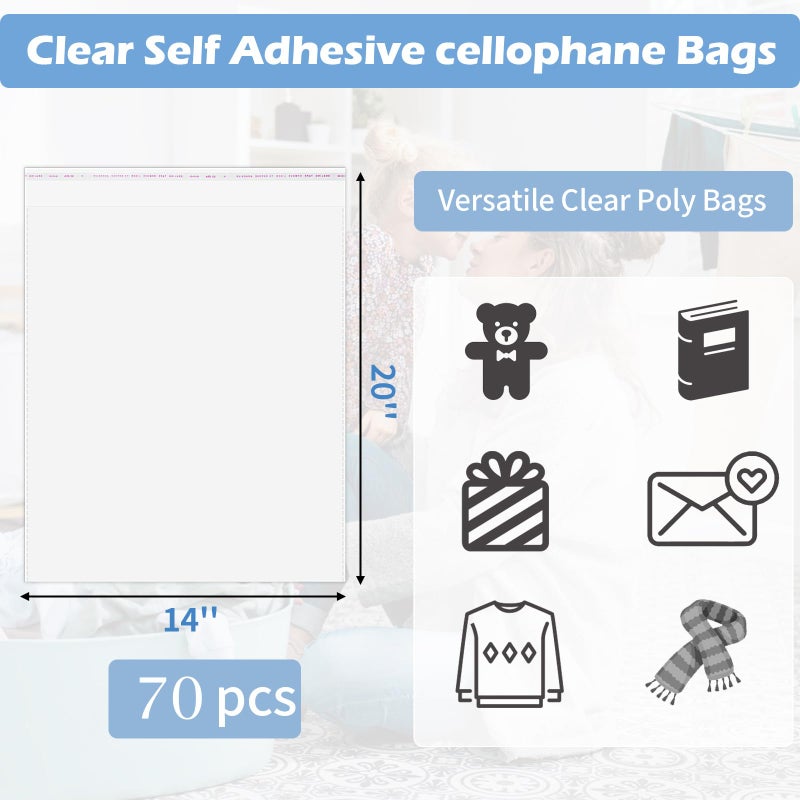 Coidea Cellophane Bags, 70 Pcs Resealable Clear Poly Bags for Clothes, Shirt Bag, Decorative Wrappers, Party Favors & Artwork(14x20) - Image 2